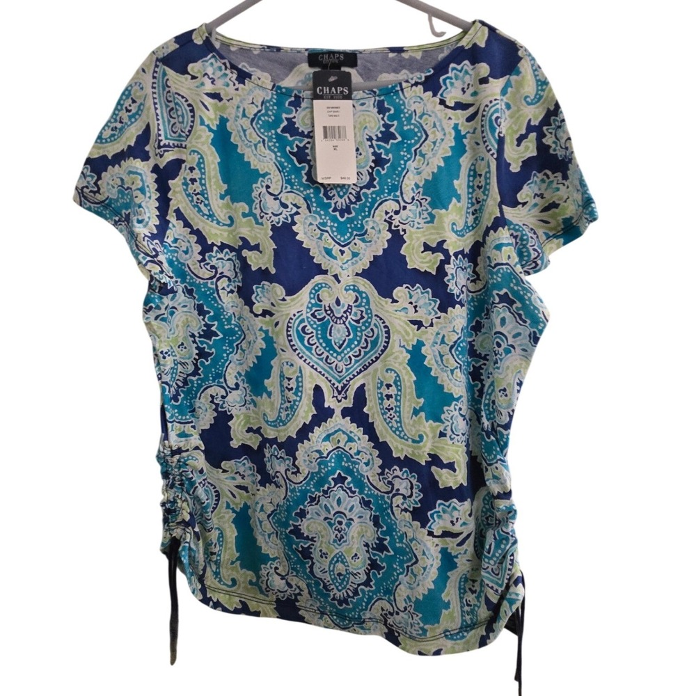 Chaps Womens XL Blue Paisley Cotton Short Sleeve Side Cinch Causal Top NWT